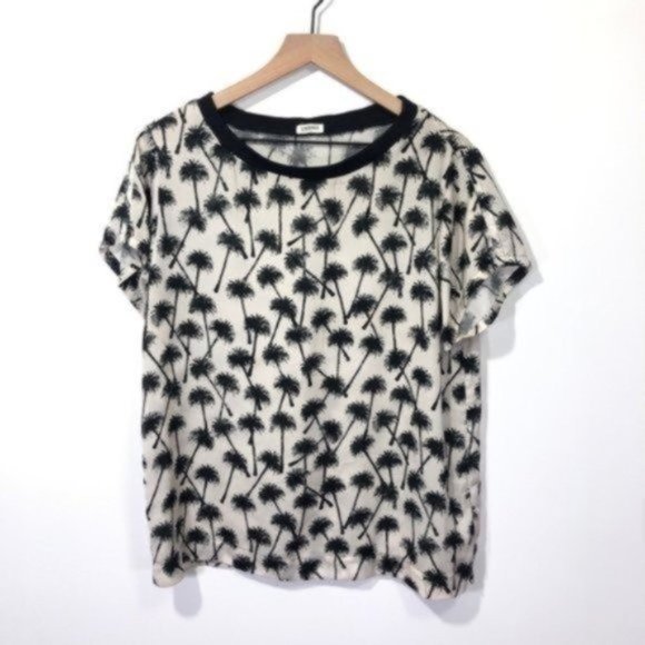 L'AGENCE Ivory Black Palm Tree Print Silk Blouse Short Sleeve Lightweight - Picture 2 of 7